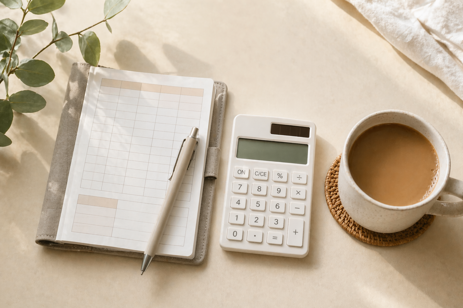 家計簿・電卓・コーヒーのフラットレイ