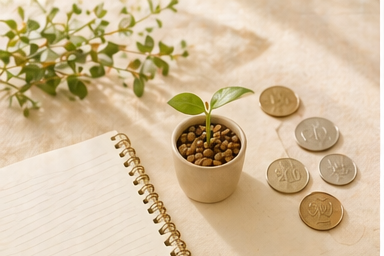 植物・コイン・ノートのフラットレイ